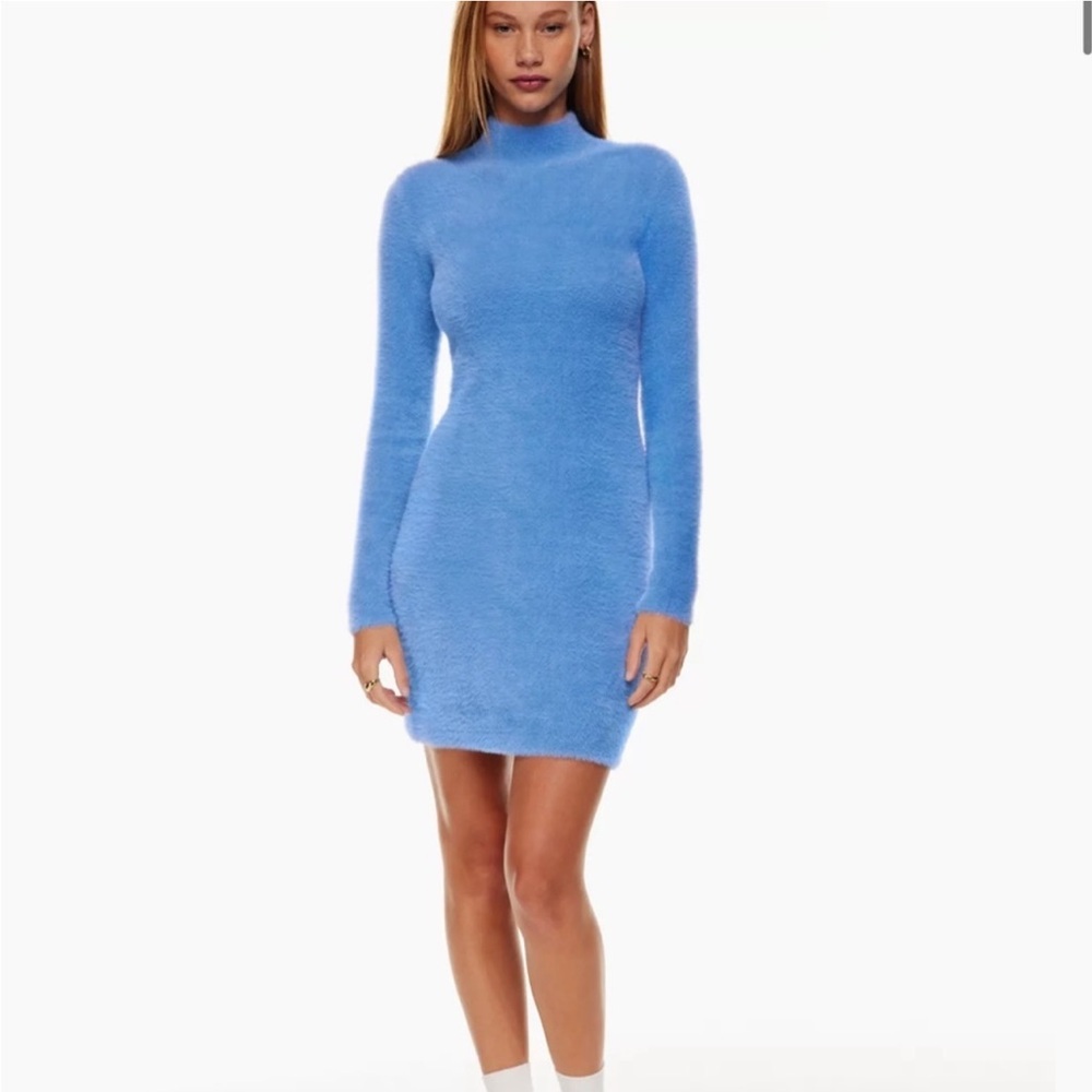 Aritzia Sunday Best Milan Sweater Dress in Azurine Blue Fuzzy Fur Long Sleeve